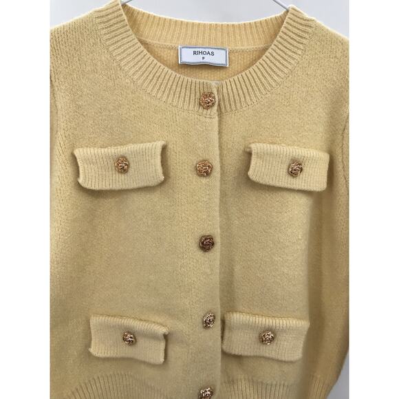 Rihoas Yellow Round Neck Knit Cardigan Sweater Gold Button One Size - Picture 4 of 9